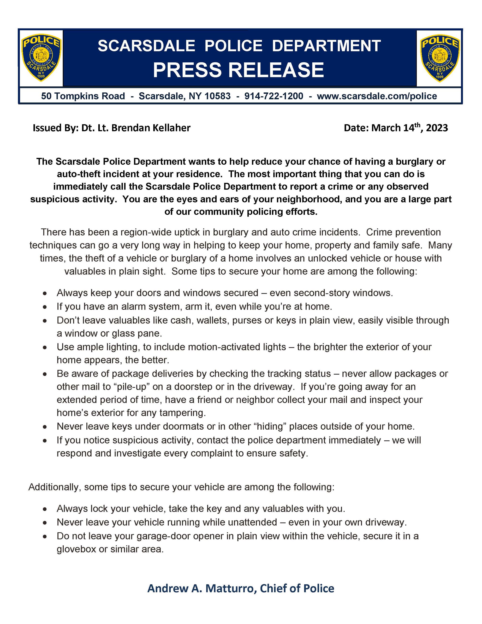 SPD Press Release Burglary and Auto Crime Prevention